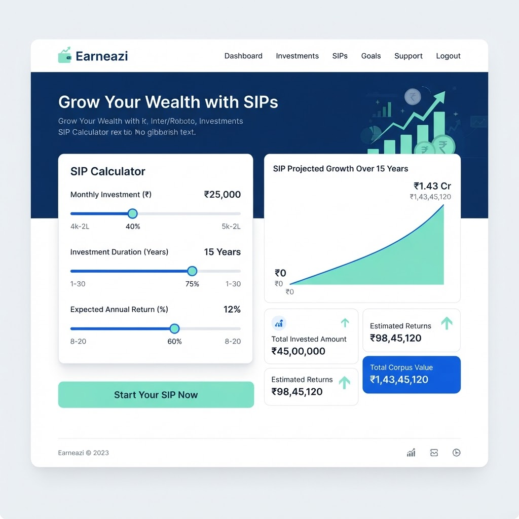 Earneazi financial website showing a SIP calculator with sliders and a projected growth chart